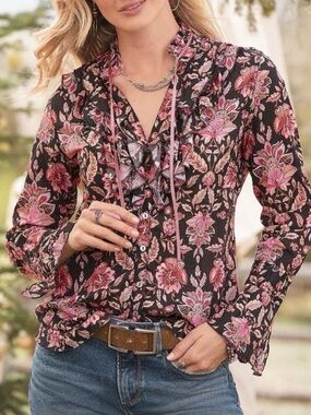 Cino Sundance Rosebay Dark Floral Ruffle Tie-Neck Button Down Shirt Medium